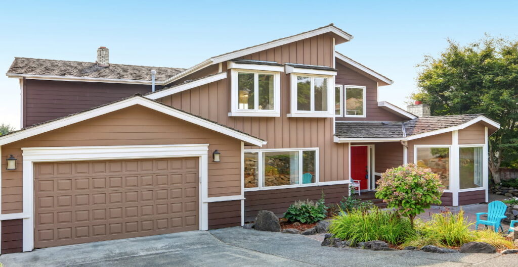 Suburban residential luxury house on Blue sky background. Northwest, USA